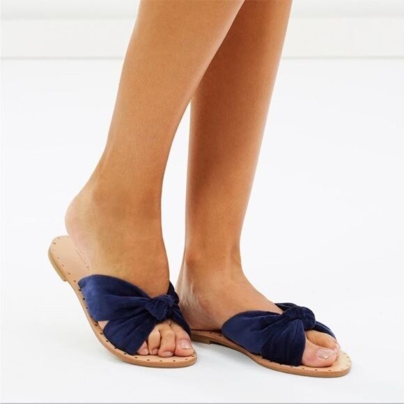 Anthro LOEFFLER RANDALL Lucia studded Sandal Navy Velvet Slide Flat sandal 7